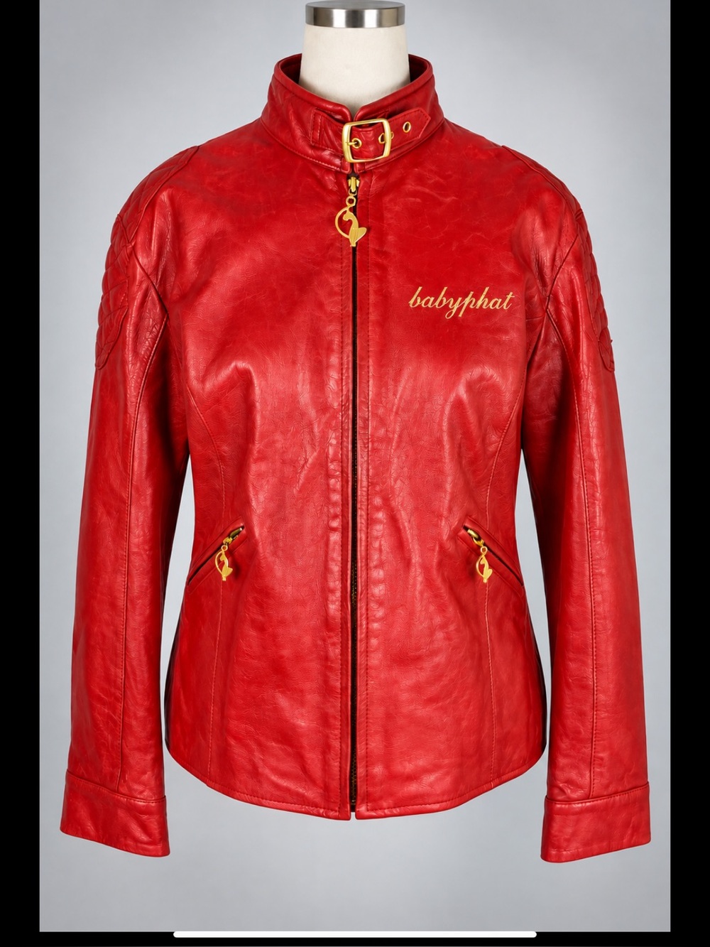 Vintage Y2K Baby Phat Red Genuine Leather Moto Jacket Gold Cat L
